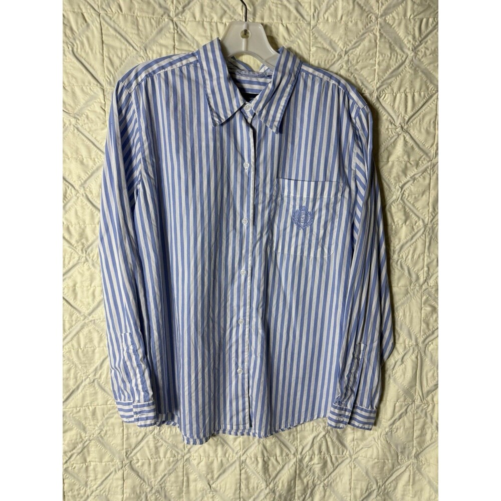 Liz Claiborne Liz Sport women’s L Blue White Striped Long Sleeve Button-Up Shirt